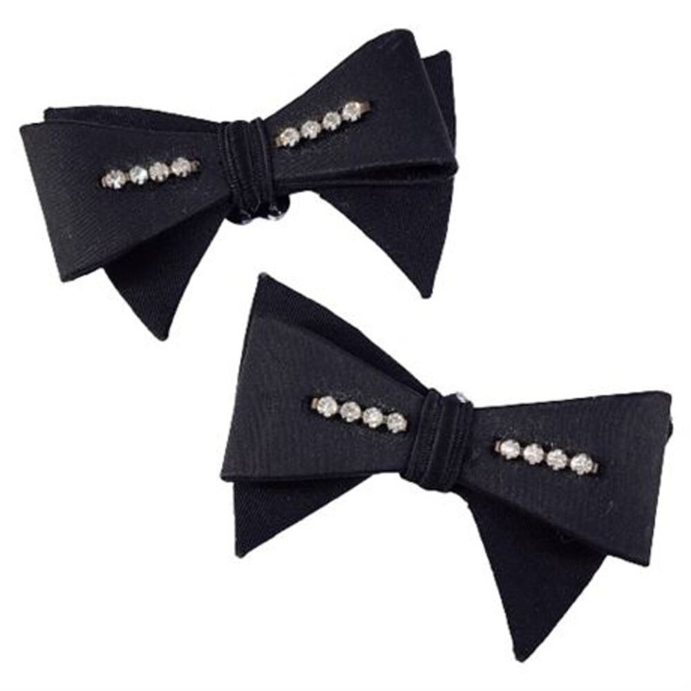 Vintage 1950s Black Rhinestone Bow Shoe Clips Pair Satin Grosgrain Old Hollywood